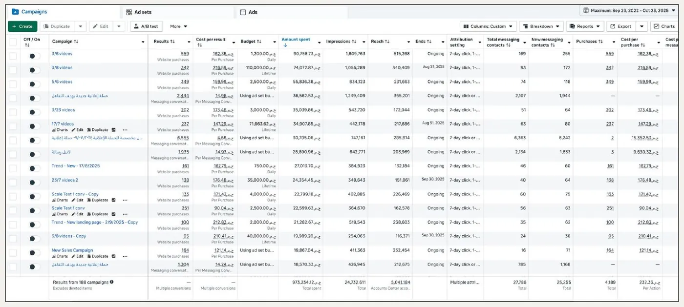 Meta Ads Manager: top-spend campaigns with purchases and cost per purchase