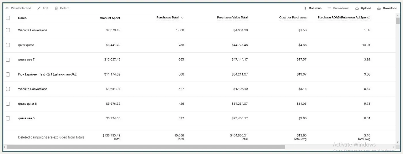 Snapchat Ads Manager: purchases, purchase value and ROAS by campaign