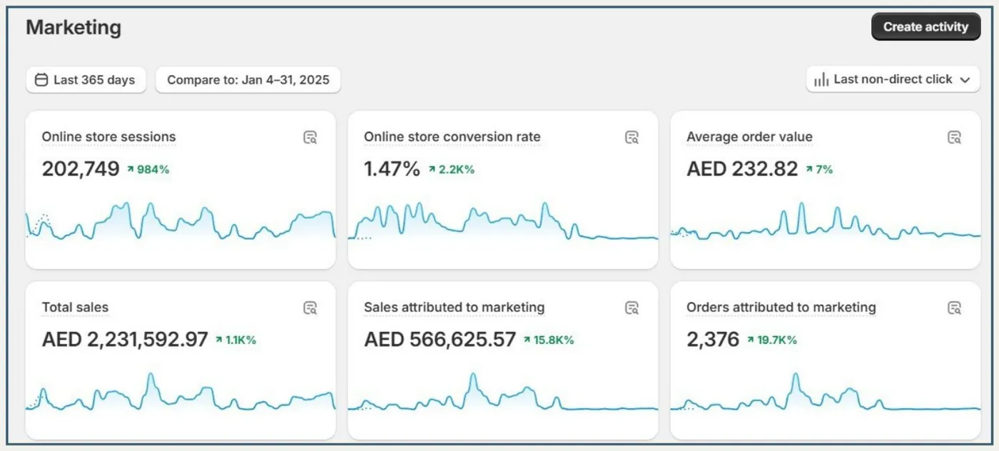 Shopify marketing dashboard for the store
